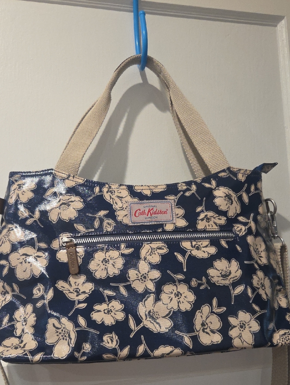 Cath Kidston Navy Floral Coated Canvas Tote with Cream Handles
